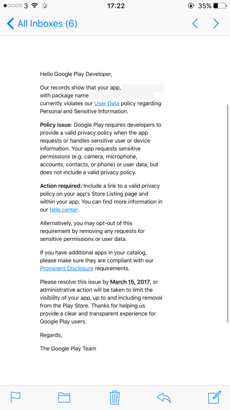 google-warning for Apps